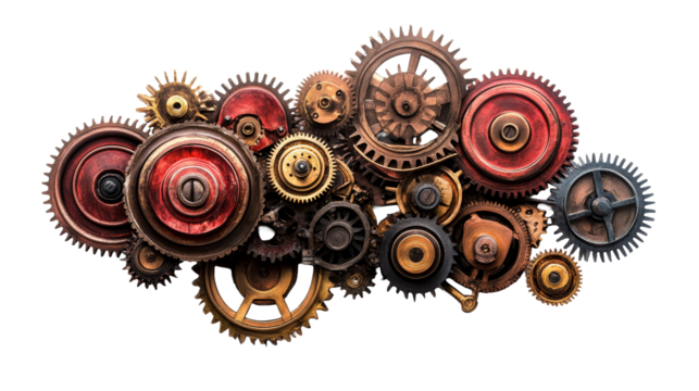 Interlocking mechanical cogs, gears collection, cut out transparent