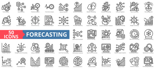 Forecasting icon collection set. Containing trend, analysis, data modeling, predictive analytics, market, demand, financial projection, risk, management icon. Simple outline vector illustration.