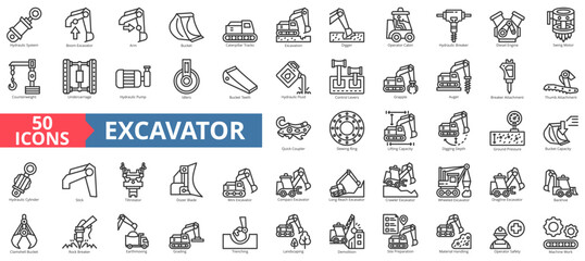 Excavator icon collection set. Containing hydraulic system, boom , excavator, arm, bucket, caterpillar tracks, excavation, digger, operator cabin, breaker icon. Simple outline vector illustration