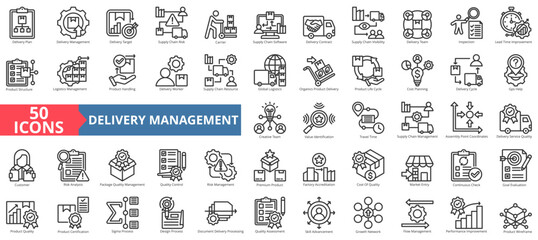 Delivery management icon collection set. Containing plan, target, supply chain, risk, carrier, software, contract, visibility, team, inspection, logistics icon. Simple outline vector illustration.