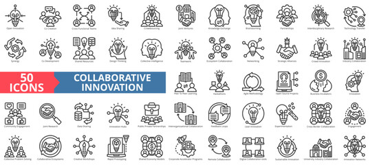 Collaborative innovation icon collection set. Containing idea sharing, crowdsourcing, knowledge exchange, brainstorming, partnerships, research icon. Simple outline vector illustration.