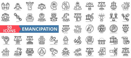 Emancipation icon collection set. Containing freedom, independence, liberation, rights, autonomy, self determination, empowerment, equality, justice icon. Simple outline vector illustration.