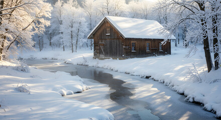 Cabin Along Quiet Creek Immersed In Pristine Winter Wonderland Scene