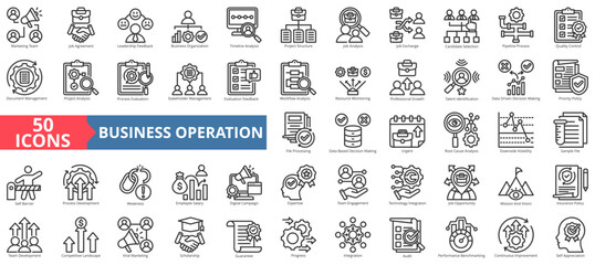 Business operation icon collection set. Containing marketing, agreement, leadership, business, timeline, structure, job, exchange, quality control icon. Simple outline vector illustration.