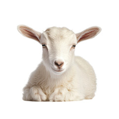 Adorable baby goat with soft white fur, pink ears, and gentle expression lying down isolated on white background perfect for nature and farm themes