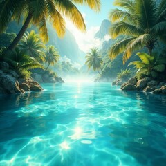 Tropical paradise landscape with serene atmosphere reflecting on calm water