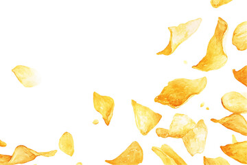 Naklejka premium Falling Golden Potato Chips on Transparent Background Watercolor Illustration, PNG