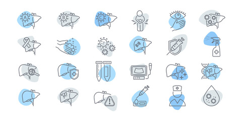 Vector icon set illustrating liver disease and medical conditions. Includes infographic elements about fat accumulation, infection, diagnosis, and hepatitis symptoms for health education.