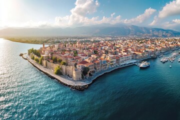 Obraz premium Discovering Chania old town and Venetian harbor from above during golden hour, Chania old town and Venetian harbor aerial panorama Travel to Greece landscape