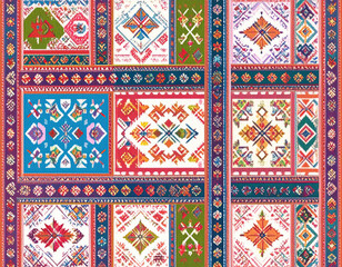 Colorful woven tapestries depicting scenes of Chilean rural life or mythology, representing traditional textile art and storytelling.