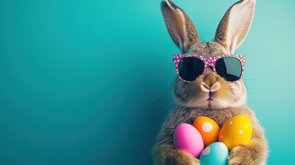 An easter bunny rabbit wearing sunnies, shades, sunglasses holding colourful easter eggs against a turquoise isolated background with room for text.