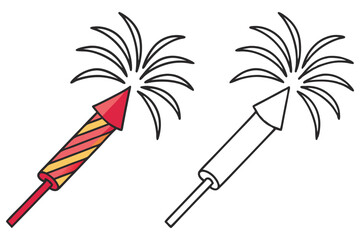 Isolated fireworks rocket blasting black lines as coloring page and color version, transparent background
