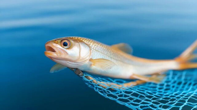 A fish is on a blue net. The fish is small and brown. The net is blue and has a mesh pattern