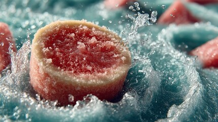 Refreshing watermelon gummy candy splashing in cool, flowing turquoise water.