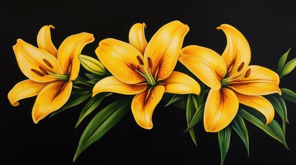 Obraz premium Close-up of a condolence card with vibrant yellow lilies against a black background, loss, remembrance
