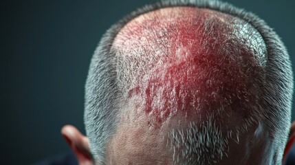 close up view of a man s head showing scalp issues with a visible red inflamed patch indicating a medical condition