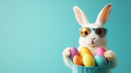 An easter bunny rabbit wearing sunnies, shades, sunglasses holding colourful easter eggs against a turquoise isolated background with room for text.