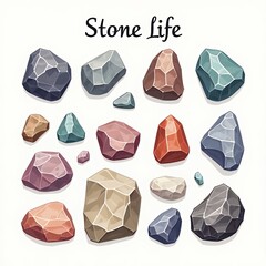 an image of a set of stones and crystals with the words stone life, there is a picture of a stone life poster with different stones