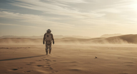 Astronaut exploring a desolate alien planet Mars colonization mission in a hostile environment space exploration concept
