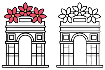 Fototapeta premium Two outline Parisian arches adorned with red and colorless flowers stand against a white background
