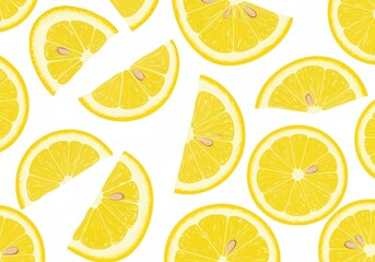 Obraz premium A seamless pattern of lemon slices in various sizes and orientations on a white background surface