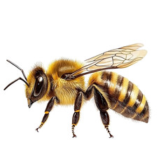 Detailed close-up illustration of a honey bee insect with detailed wings and fuzzy body showing black and yellow stripes, isolated on a white background