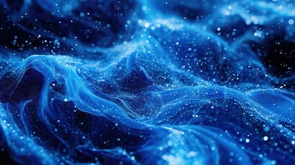 Abstract blue digital wave background with glowing particles.
