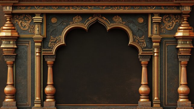 Golden-bordered frame with an Indian temple with pillars on a dark brown background