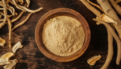 Ashwagandha Root Powder in Wooden Bowl with Dried Roots Natural Herbal Health