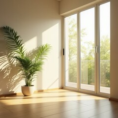 Fototapeta premium Simple modern room with large windows filled with bright morning sunlight, glares on the floor, feeling of freshness