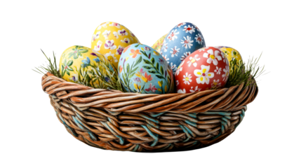 Painted eggs in woven basket, cut out transparent