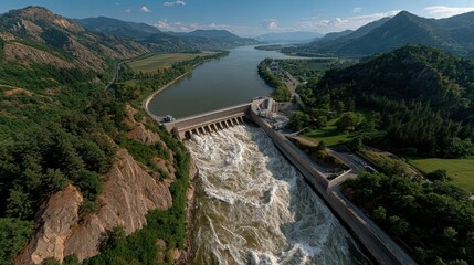 Fototapeta premium Elevated view of a dam and river flowing through a valley.