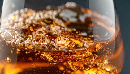 Close up shot of amber liquid swirling in a glass bubbles rising to the surface Delicious golden beverage