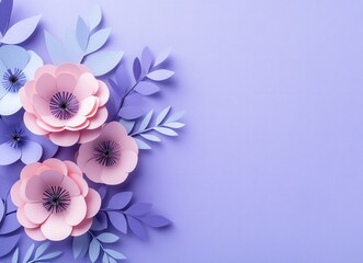 Fototapeta premium Beautiful paper flowers in various shades on a light purple background create a delicate and artistic arrangement
