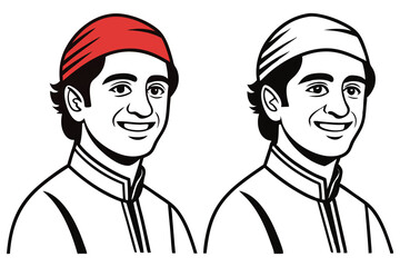 Smiling young man looks forward wearing a red cap in a black and white drawing