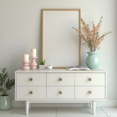 Fototapeta premium Dresser in a bright interior with decor: candles, book, pastel flower vase, mint and soft pink palette