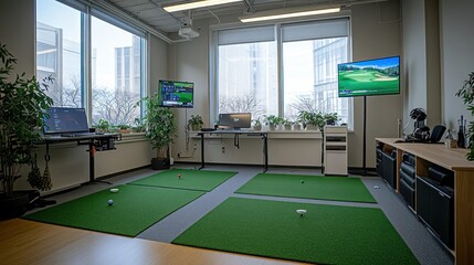 Modern golf simulator room with multiple screens