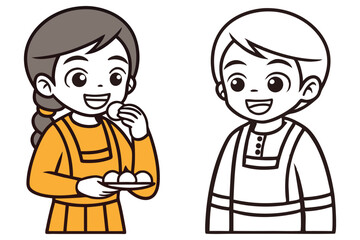 Smiling girl in orange overalls eats a treat while boy stands outlined, transparent background