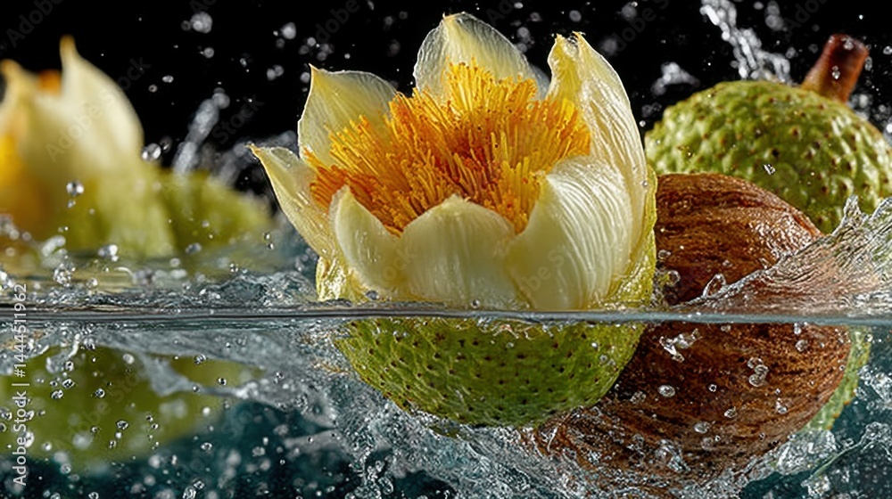 Poster stunning macro shot of a flower and fruit submerged in water with splashes.