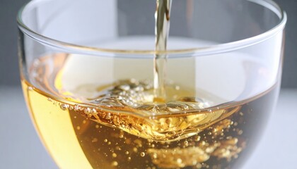 Golden Liquid Pouring into a Glass Sparkling Bubbles Close Up
