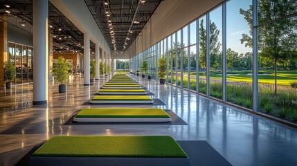 Modern golf practice facility with expansive views