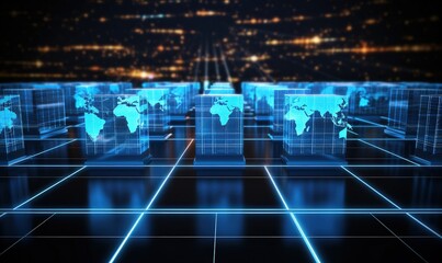 Futuristic digital grid showcasing illuminated world maps in a high-tech environment at night