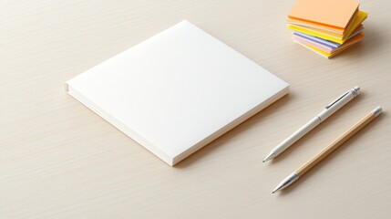 Blank Notebook Mockup White Notepad with Pen and Pencil on Wooden Desk