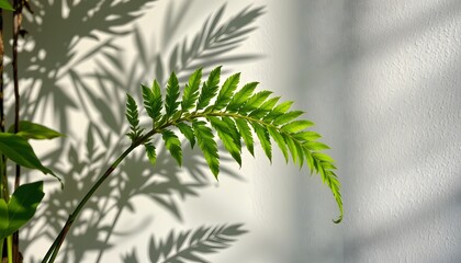 Naklejka premium fern leaf over clean wall with natural sunlight