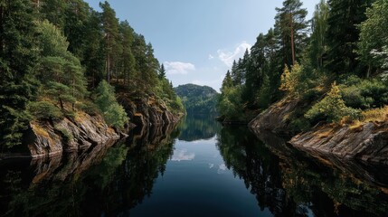 Serene mountain lake nestled among tall evergreen trees.