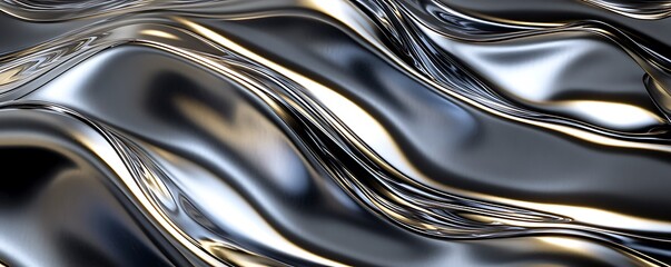 Hyper-detailed platinum and obsidian metal waves with soft glowing reflections