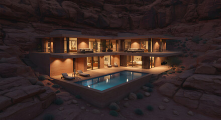 Modern Desert Villa with Pool Surrounded by Rock Formations at Dusk