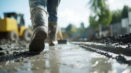 Construction Worker Walking on Fresh Concrete