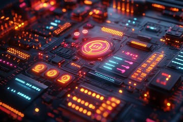Fototapeta premium Futuristic Circuit Board, Neon Lights, Digital Interface, Close-up, Technology Background