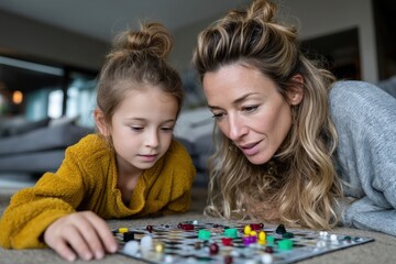 Fototapeta premium A heartwarming moment between a mother and daughter as they immerse themselves in a board game, fostering connection, laughter, and quality time together at home.